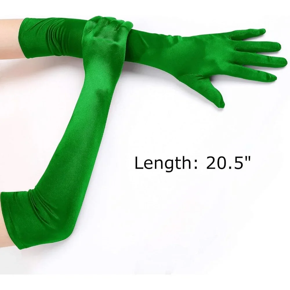 Women's Smooth Green Long Satin Gloves Elbow Length Party Costume Accessory